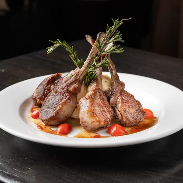 Grilled lamb chops with rosemary, mashed potatoes, and cherry tomatoes on a white plate.